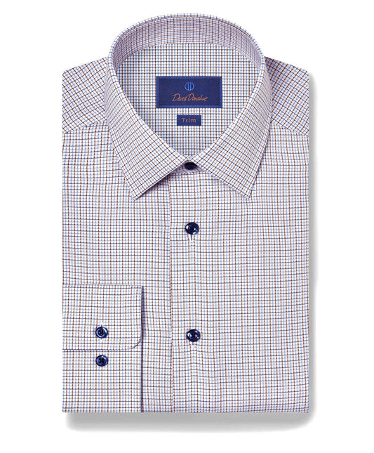 David Donahue Trim Fit Textured Dobby Dress Shirt in Blue/Chocolate