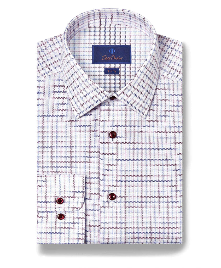David Donahue Trim Fit Textured Check Dress Shirt in Blue/Berry 16.5 / 35