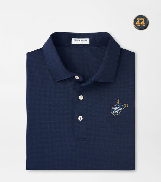 WVU Jerry West Peter Millar Tesseract Performance Jersey Polo in Navy-State Script