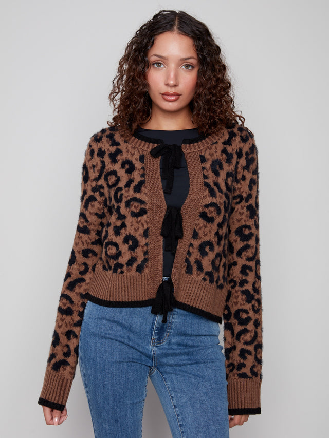 Womens Charlie B Bow Tie Cardigan in Animal Pattern