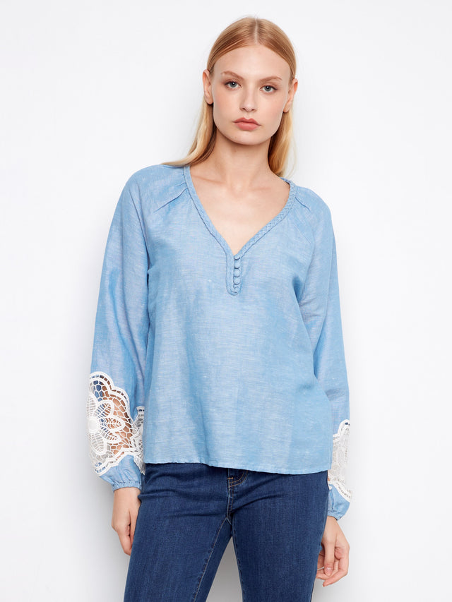 Womens Charlie B Linen Blend Blouse in Chambray