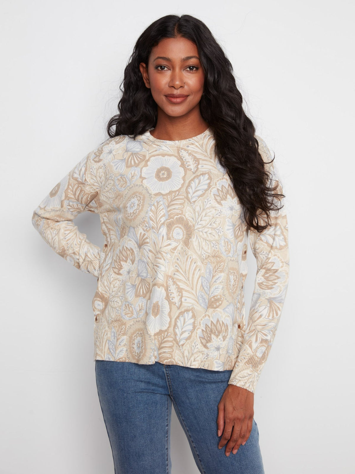 Womens Charlie B Printed Sweater with Side Button in Bliss
