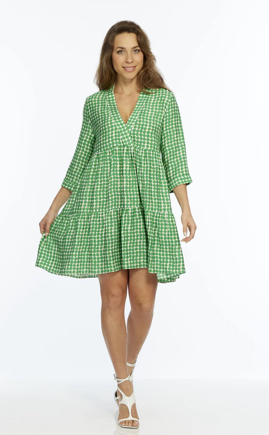 Womens Lior Short Tiered Dress in Green Polka Dot