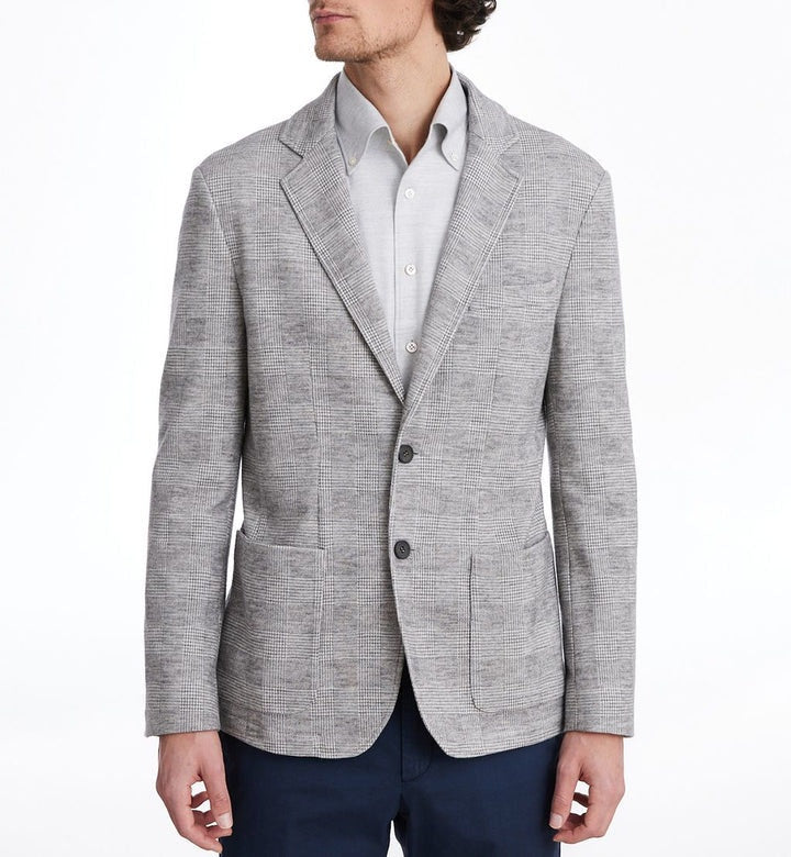 Emanuel Berg Premium Jersey Stretch D-Constructed Shirt Jacket in Light Grey Plaid