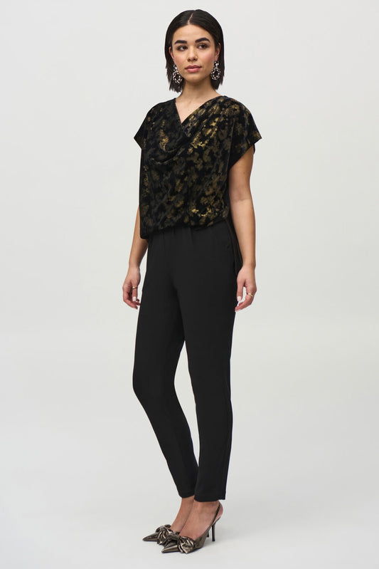 Womens Silky Knit and Foiled Velvet Jumpsuit in Black/Gold
