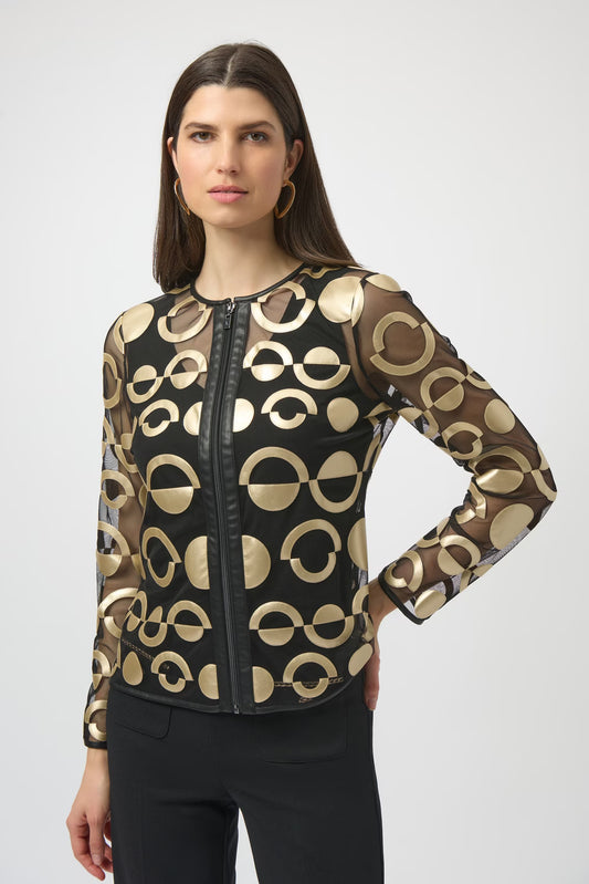 Womens Joseph Ribkoff Abstract Zipper Long Sleeve Top in Gold/Black