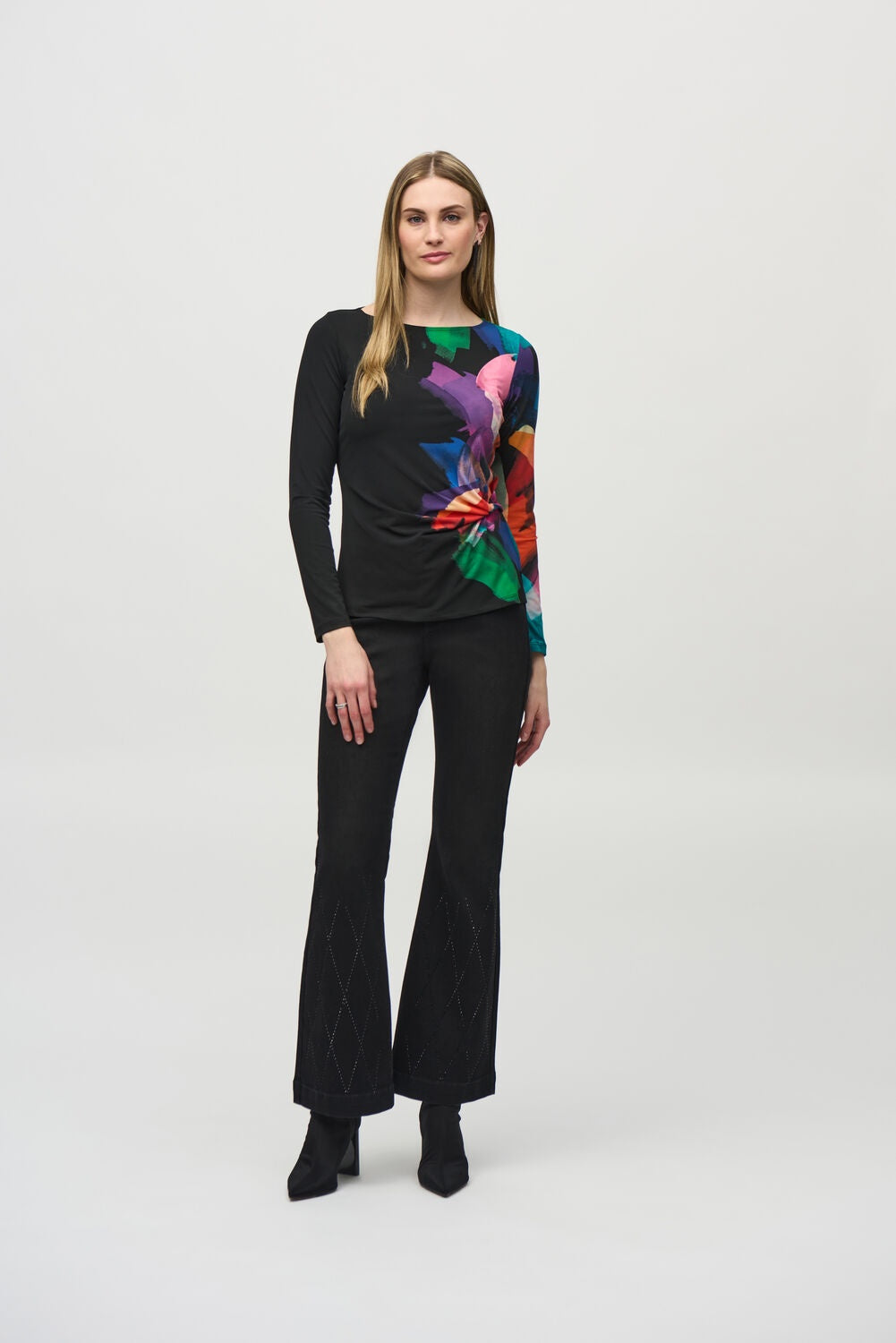 Womens Joseph Ribkoff Crew Neck Ruched Top in Black/Multi