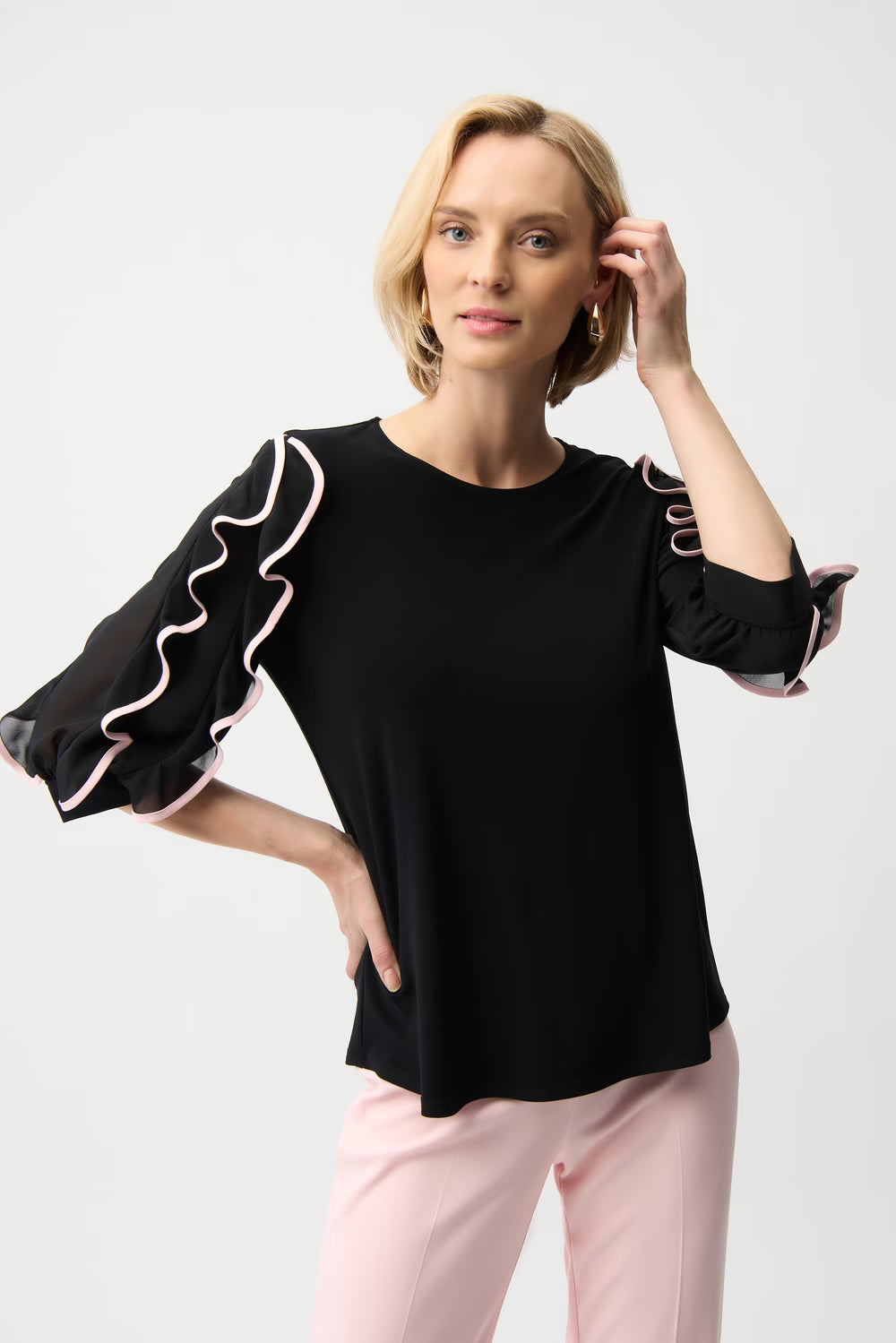Womens Joseph Ribkoff Hip Length Ruffled Pullover in Black/Petal Pink