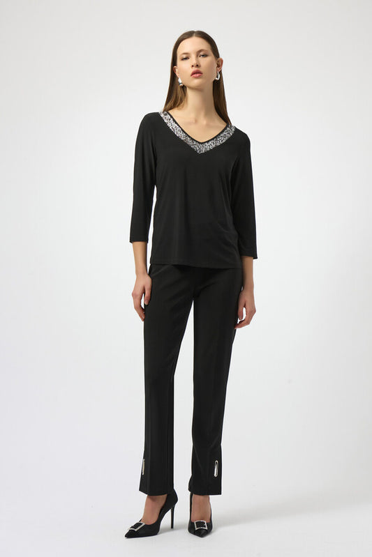 Womens Joseph Ribkoff Chic V-Neck Pullover in Black/Silver