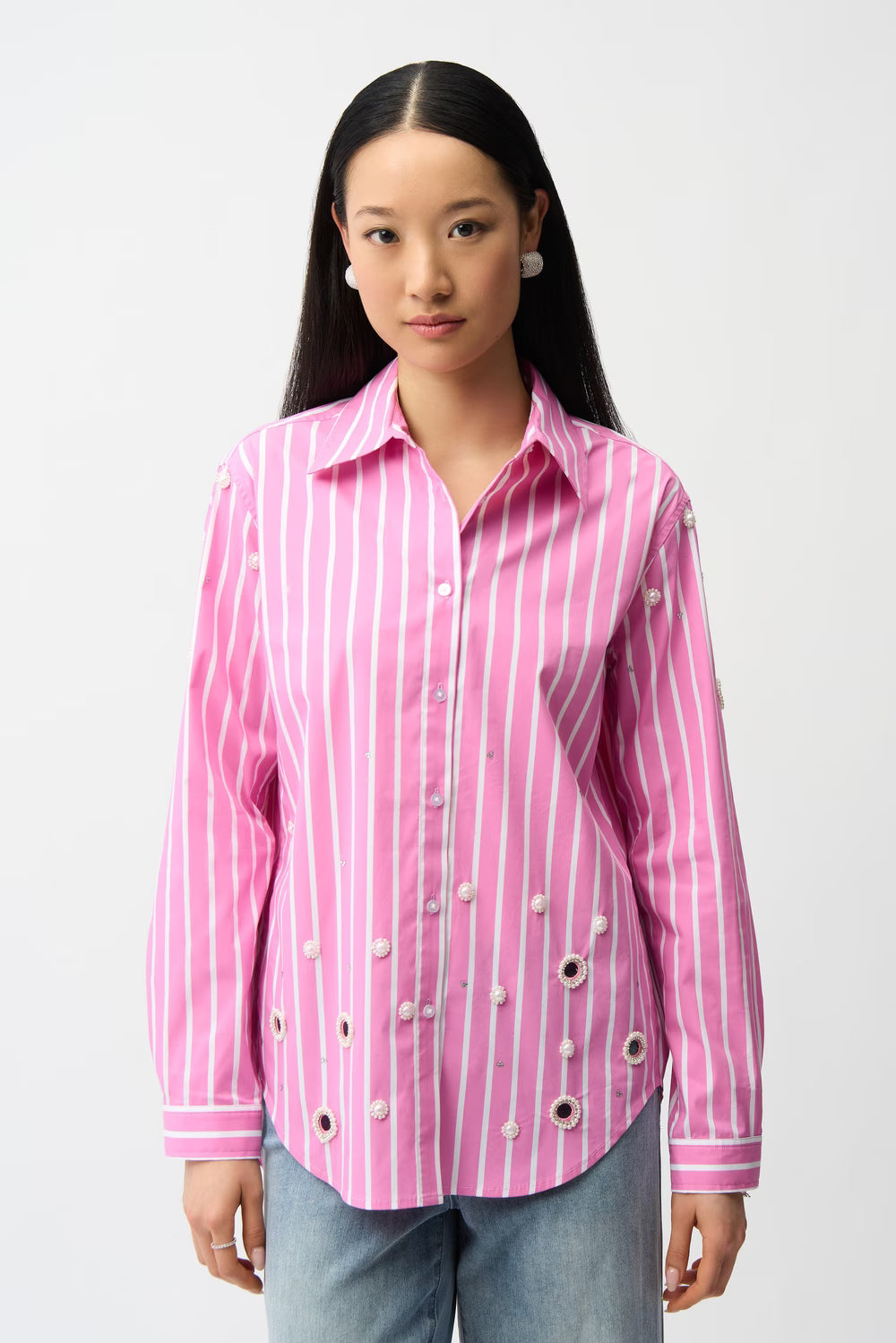 Womens Joseph Ribkoff Striped Casual Long Sleeve Shirt in Pink Sherbet/Vanilla
