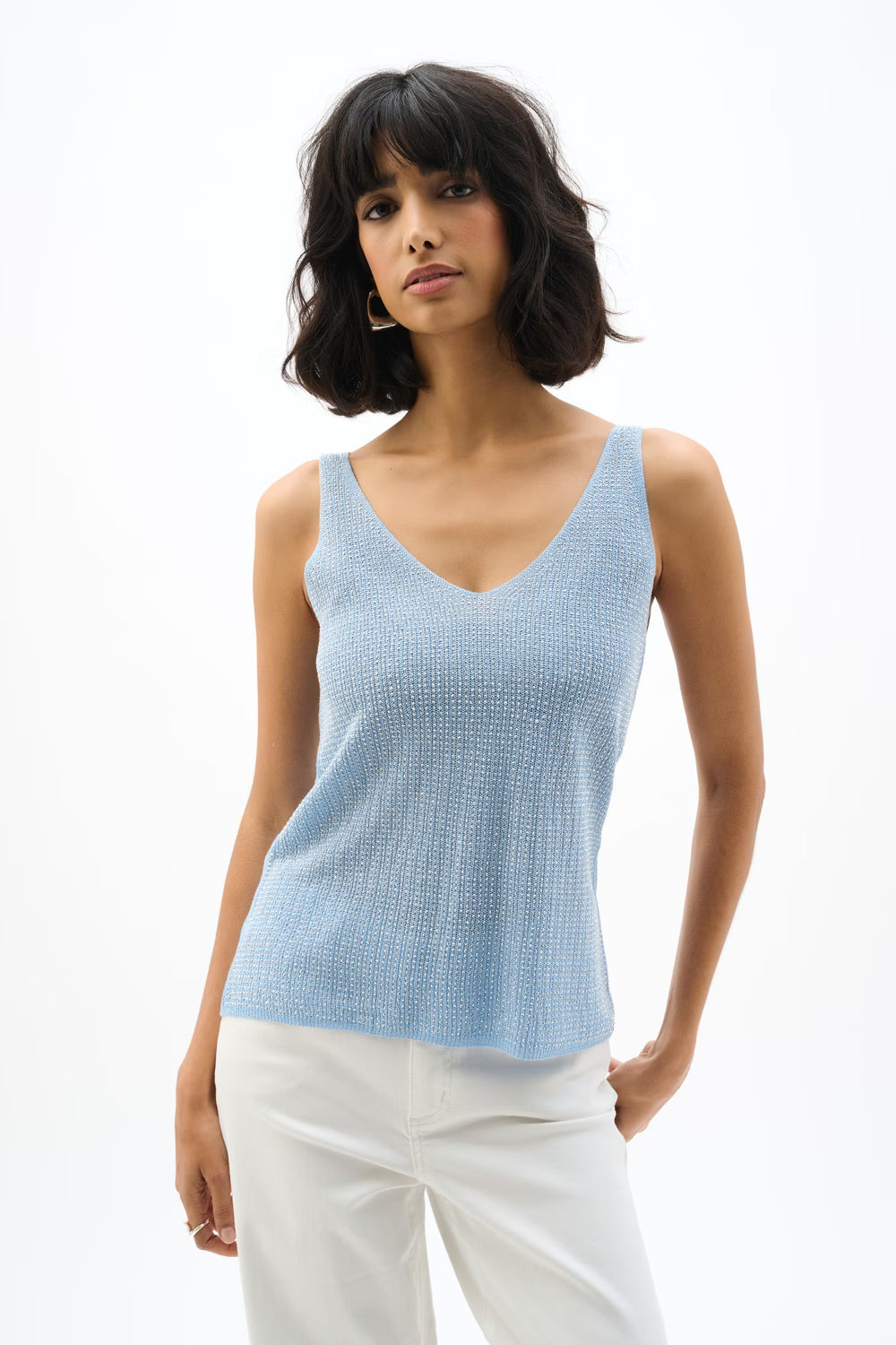Womens Joseph Ribkoff Sparkly V-Neck Pullover in Sky Blue
