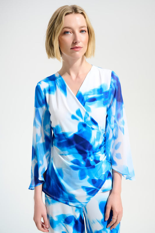 Womens Joseph Ribkoff Floral V-Neck Pullover in Vanilla/Blue