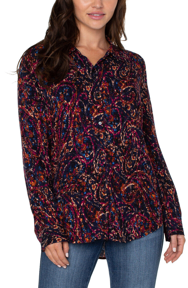 Womens Liverpool Button Up Woven Blouse in Batik Paisley Print