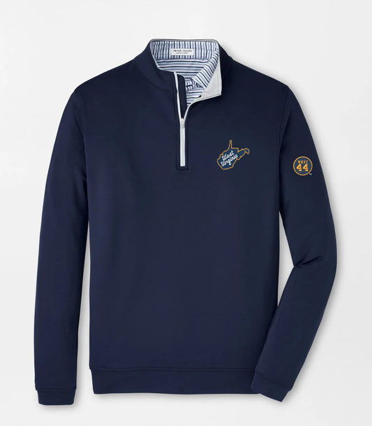 WVU Jerry West Peter Millar Perth Quarter Zip in Navy-State Script