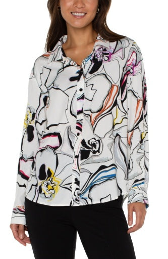 Womens Liverpool Button Up Woven Blouse in White Black Multi