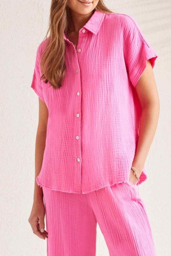 Womens Tribal Cotton Gauze Button Up Shirt in Hi Pink