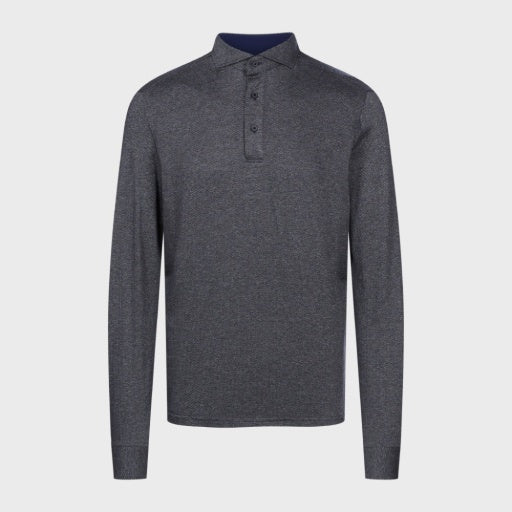 Emanuel Berg Herringbone Jacquard Luxe Long Sleeve Polo in Charcoal