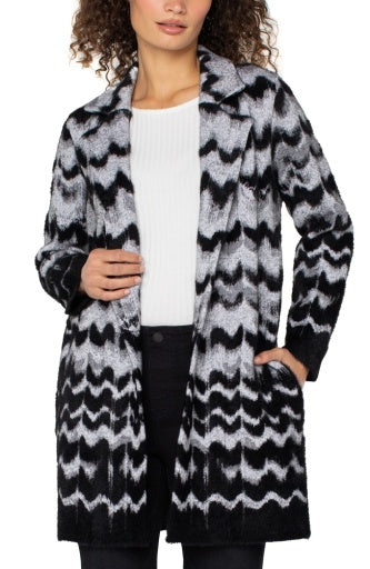 Womens Liverpool Open Front Sweater Coat in Black/Grey Wavy Stripe
