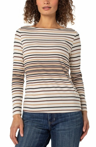 Womens Liverpool Long Sleeve Boat Neck Top in Alabaster Multi Stripe