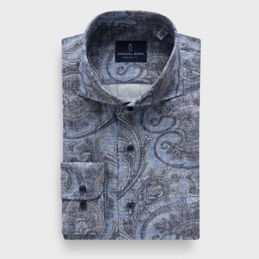 Emanuel Berg Cotton Luxe Print Flannel Sport Shirt in Medium Blue