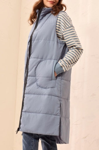Womens Tribal Long Zip Front Quilted Vest in Blue Fog