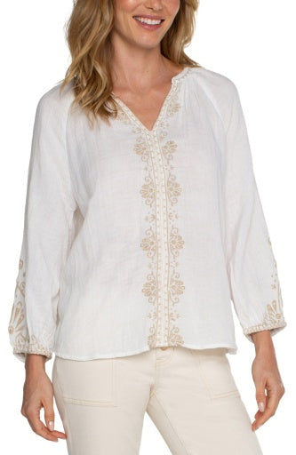 Womens Liverpool Embroidered Double Layered Gauze Top in Off White/Tan Embroidered
