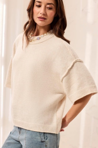 Womens Tribal Lightweight Elbow Sleeve Crew Neck Sweater in Cream