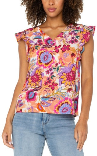 Womens Liverpool Flutter Sleeve Button Front Blouse in Floral Paradise Multi