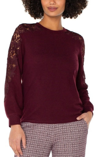 Womens Liverpool Long Sleeve Lace Inset Sweater in Burgandy