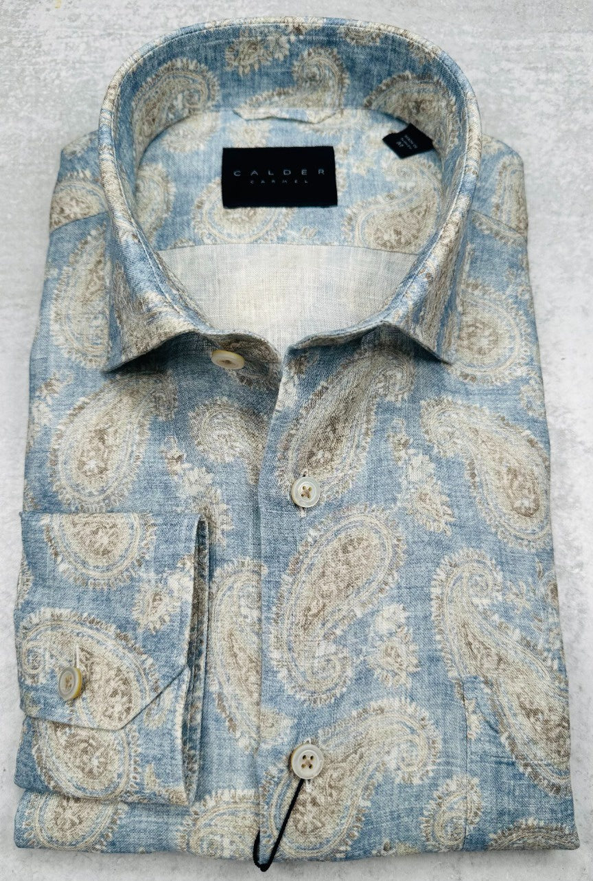 Calder Caramel Luxury Printed Linen Sport Shirt in Olive