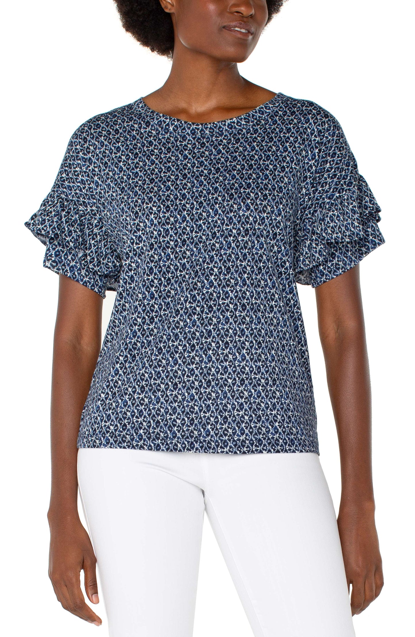 Womens Liverpool Half Sleeve Drop Shoulder Top in Navy/Cream Batik Mini