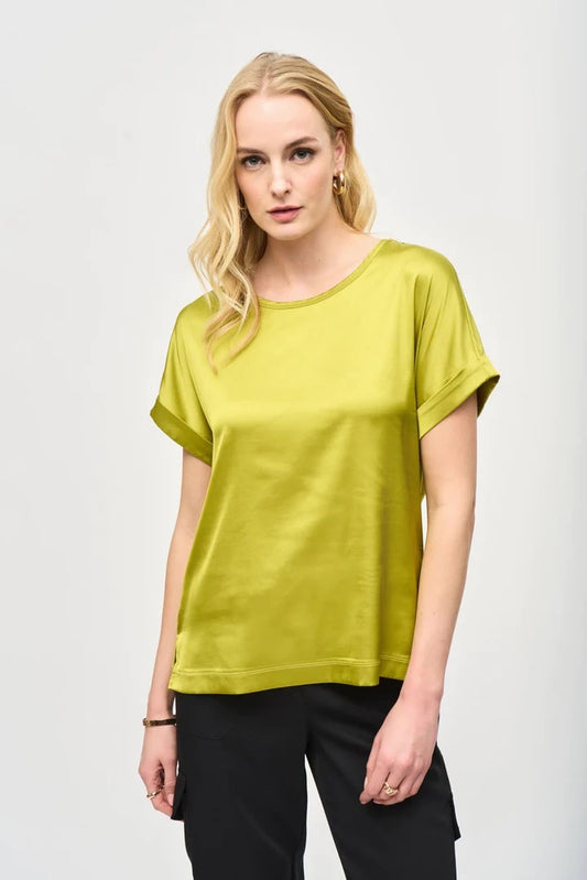 Womens Joseph Ribkoff Satin Front Short Sleeve Top in Wasabi