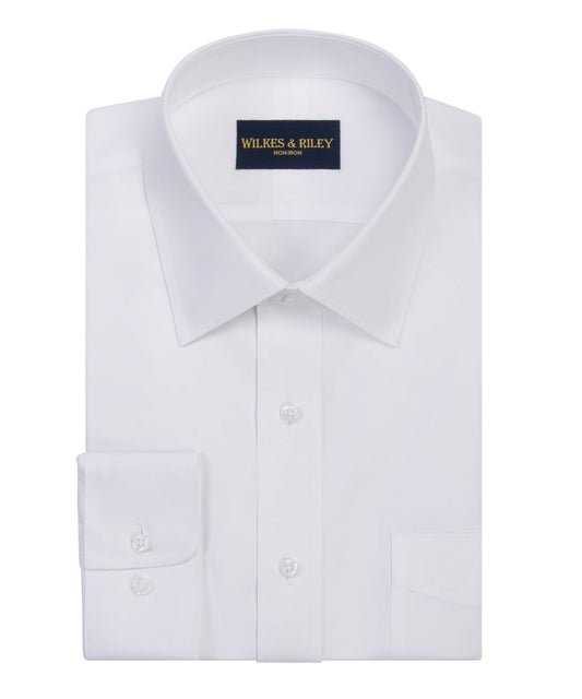 Wilkes & Riley Classic Fit Spread Collar All Cotton Non-Iron Pinpoint Oxford Dress Shirt in White