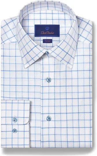 David Donahue Trim Fit Dress Shirt in White/Blue Windowpane