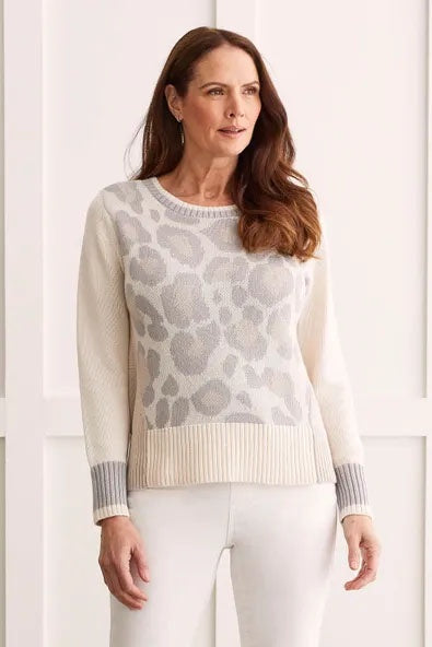 Womens Tribal Leopard Print Color Block Crew Neck Sweater in Oyster