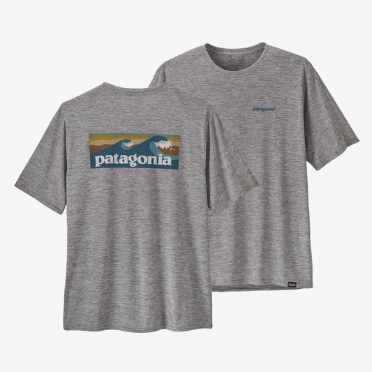 Patagonia Mens Capilene Cool Daily Graphic Waters SS Shirt in Boardshort Logo Abalone Blue: Feather Grey