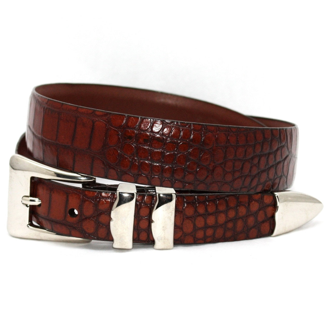 Torino Belts Alligator Embossed Calfskin Belt with 4 pc. buckle set in Cognac