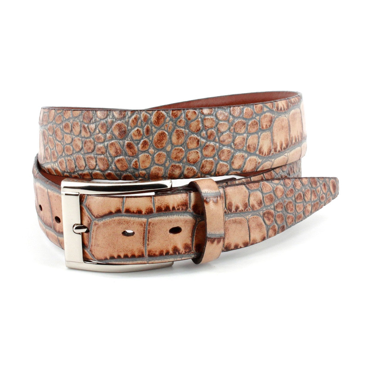 Torino Belts Faux Crocodile Embossed Calfskin Belt in Taupe/Blue
