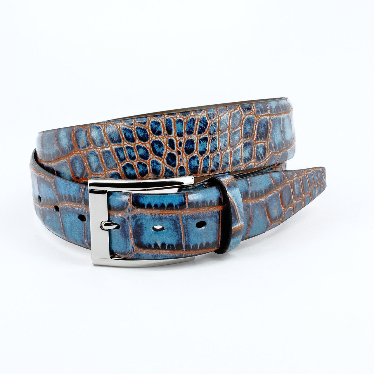 Torino Belts Faux Crocodile Embossed Calfskin Belt in Navy/Red