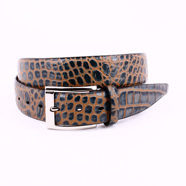 Torino Belts Faux Crocodile Embossed Calfskin Belt in Grey/Tan