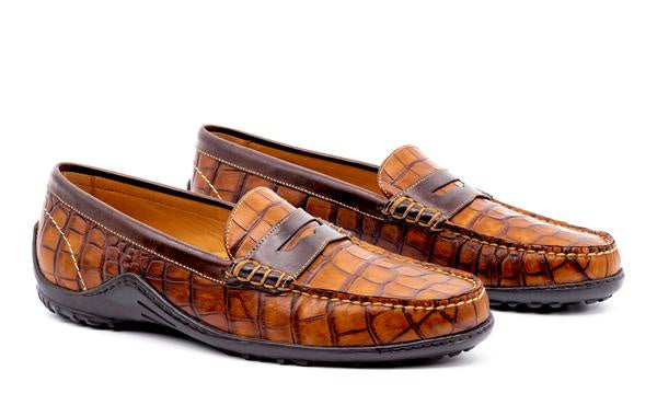 Martin Dingman Bill Alligator Grain Penny Loafer in Chestnut