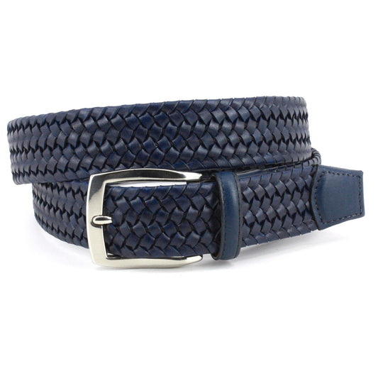 Torino Belts Italian Woven Stretch Leather Belt in Navy