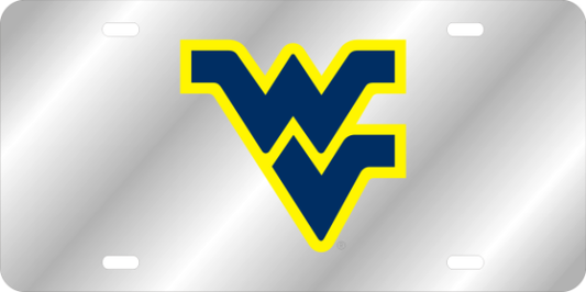 WVU Mirror License Plate in Silver-Navy Flying WV w/ Gold Outline