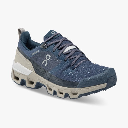 Womens On Running Cloudwander Waterproof Low Hiking Shoe in Navy/Desert