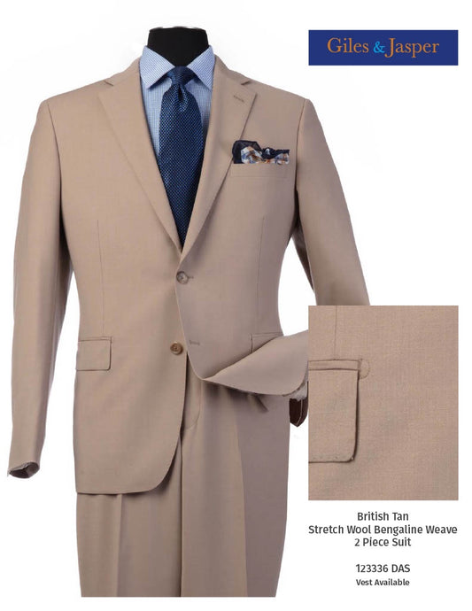 Giles & Jasper Suit W/Optional Vest Super 100's wool with Stretch in British Tan