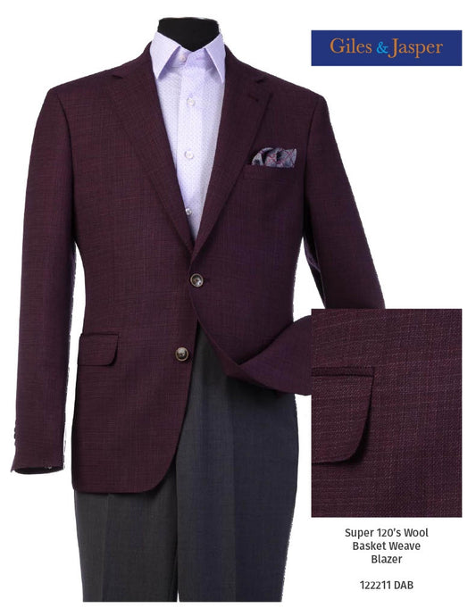 Giles & Jasper Super 120's Wool Basketweave Sportcoat in Burgandy