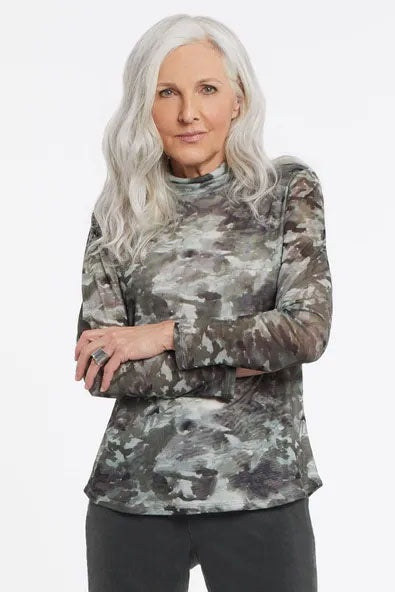 Womens Tribal Printed Mesh Turtleneck in Moss Green