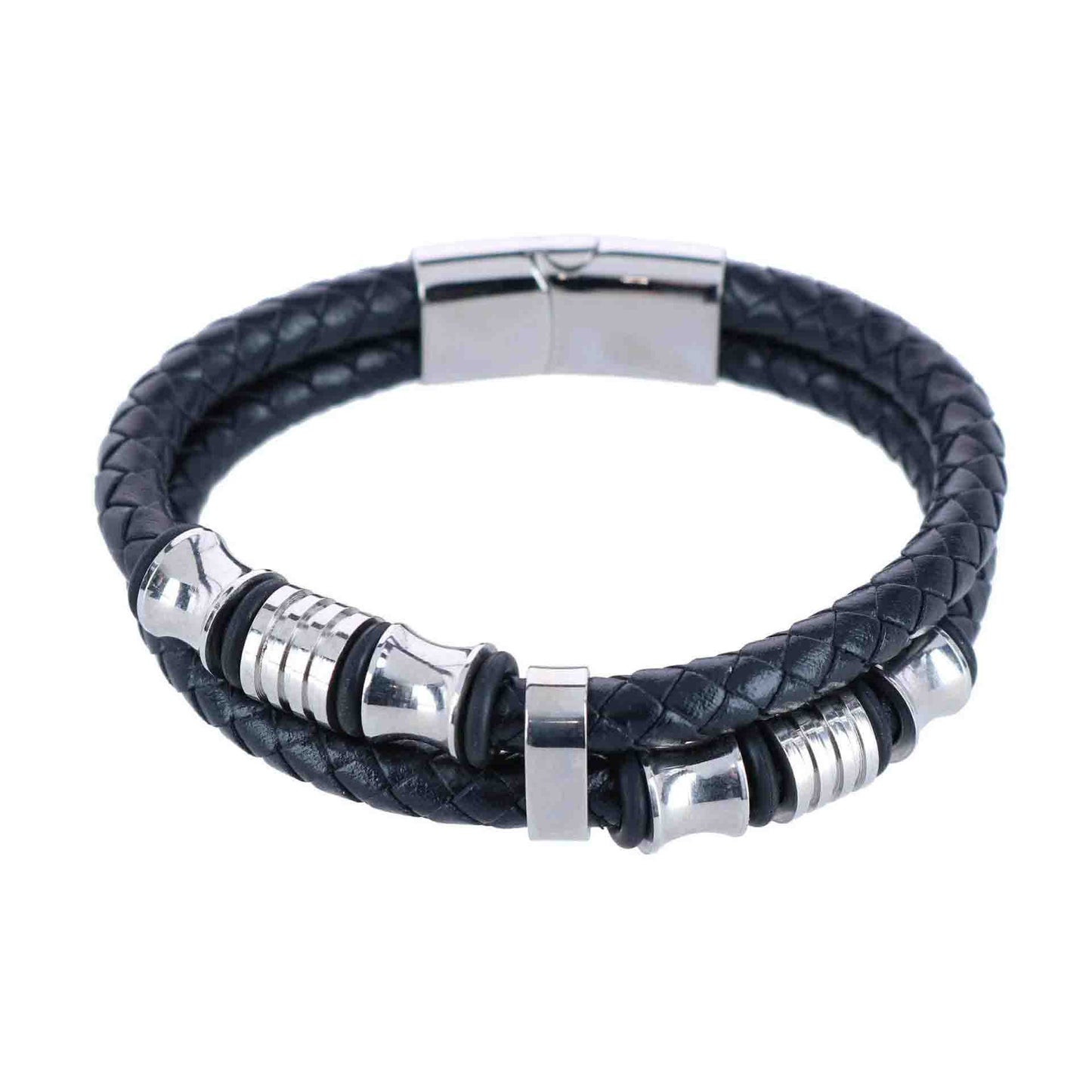 Trafalgar Silver and Leather Double Band Secure Clasp Bracelet in Black