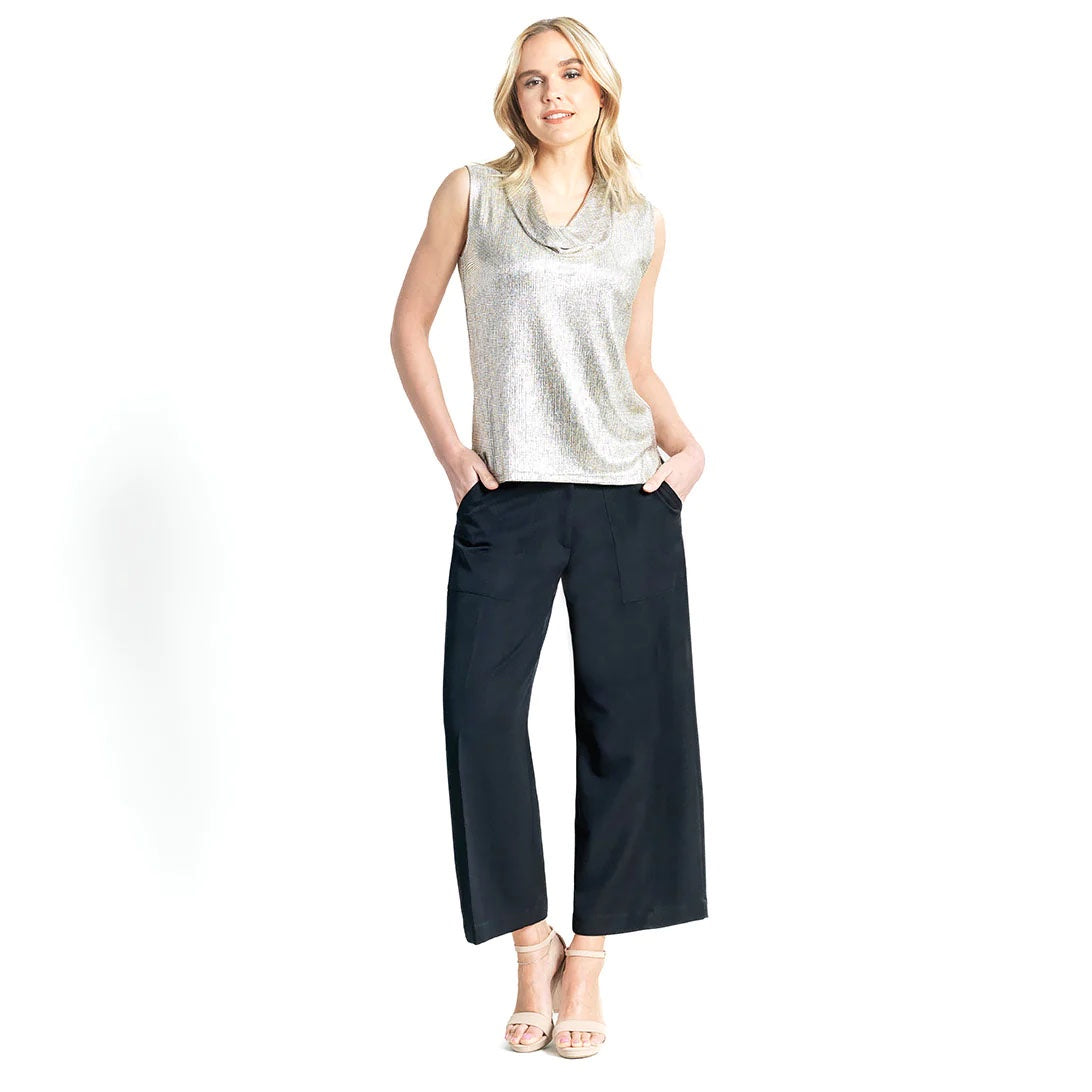 Womens Clara Sun Woo Shimmer Foil Lame Sleeveless Cowl Neck Top in Champagne