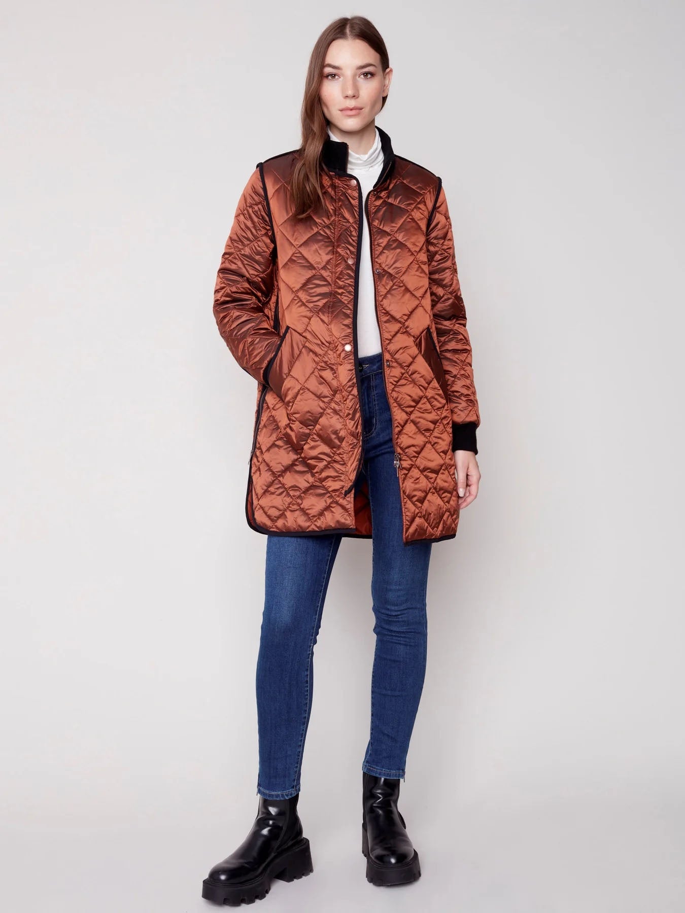 Womens Charlie B Long Quilted Puffer Jacket in Cinnamon